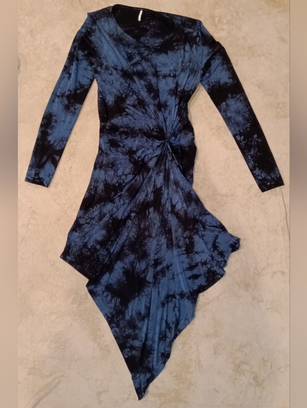 YFB XS Tie-Dye Stretch Navy Blue Long-Sleeve Knot Front Dress - Picture 3 of 5